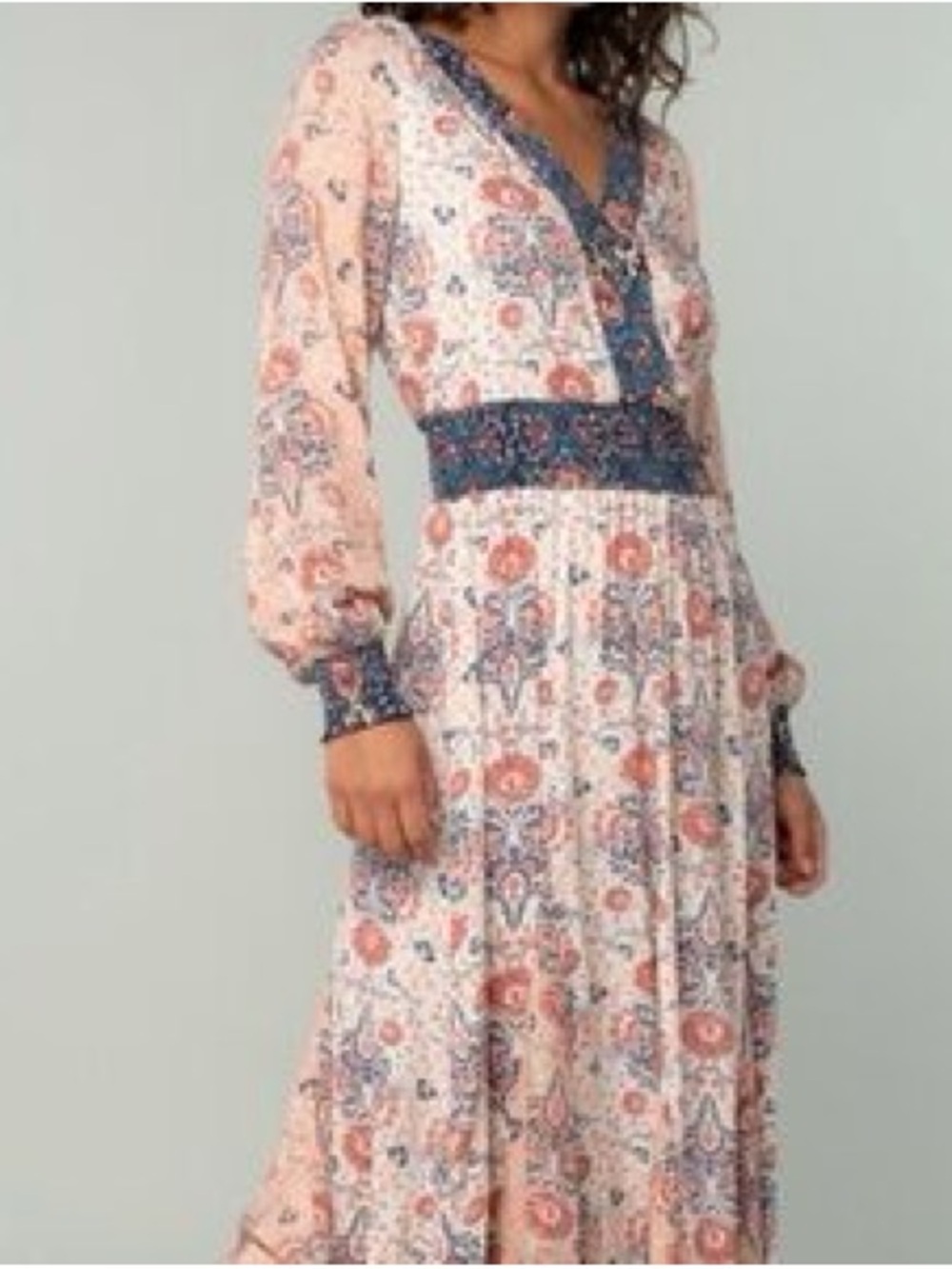 Lovestitch bohemian floral smocked waist maxi dress Peasant flowy Patchwork Boho
